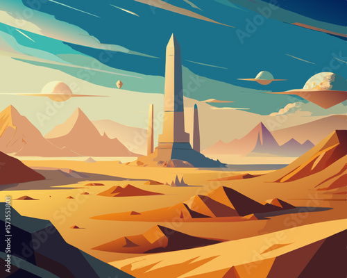 colorful vector illustration of a vast desert with colossal obelisk scenery