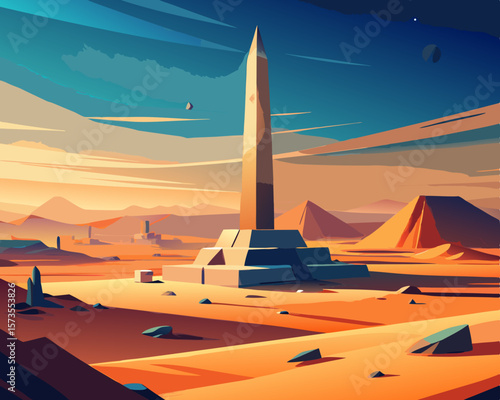 colorful vector illustration of a vast desert with colossal obelisk scenery