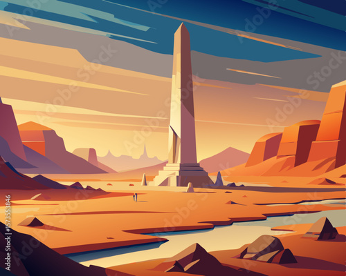 colorful vector illustration of a vast desert with colossal obelisk scenery