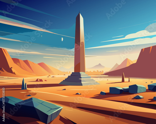 colorful vector illustration of a vast desert with colossal obelisk scenery