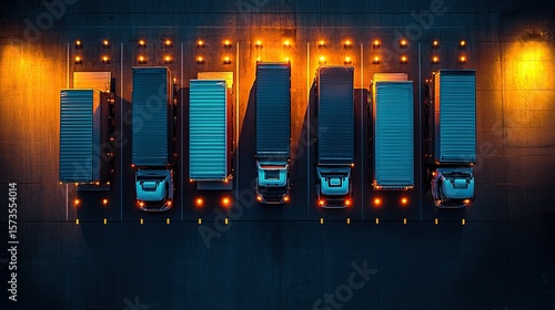 Night aerial view of trucks parked at logistics hub