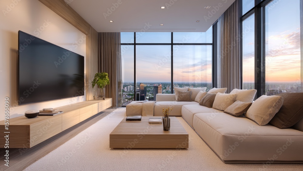 Modern penthouse living room, featuring large windows, a flat-screen TV, and a sectional sofa Modern penthouse living room, featuring large windows, a flat-screen TV, and a sectional sofa