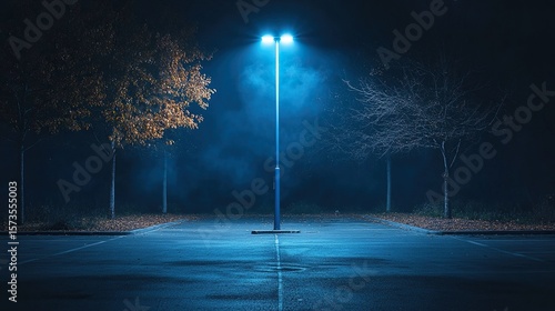 Night. Empty parking lot. Foggy. Streetlight. Autumn.  Website banner