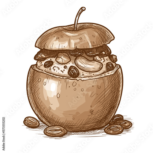 Baked apple filled with nuts and raisins in rustic sketch style  