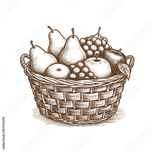 Fruit basket with pears, apples, and grapes in vintage style  