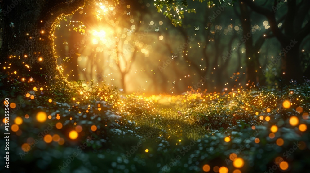 Naklejka premium Sunlit forest path through trees with bright dappled light. Magical bokeh floating on flower meadow
