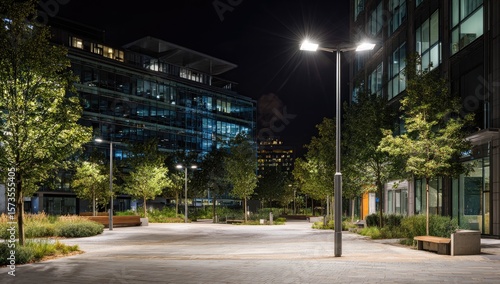 Illuminated urban plaza at night. Modern buildings and trees line a paved walkway under bright streetlights