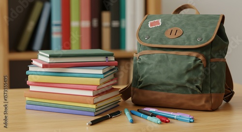 Backpack, Books, and School Supplies: A visually appealing collection of school essentials neatly arranged, capturing the essence of education and learning.