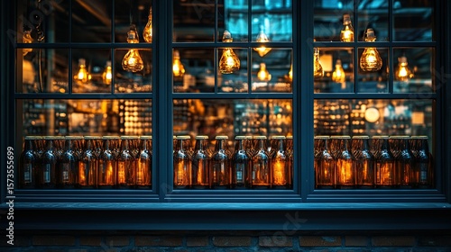 Night shop window, amber bottles, warm lights, brick building, retail display