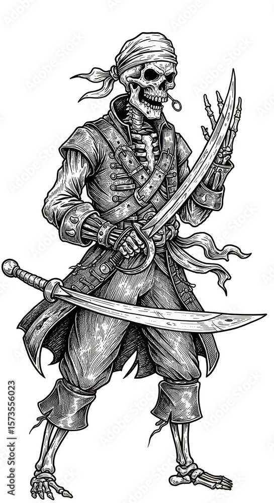 Fototapeta premium Isolated Illustration of Skeleton Pirate with Swords in Black and White