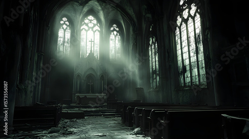 dark abandoned church interior with broken pews and cracked stained glass windows