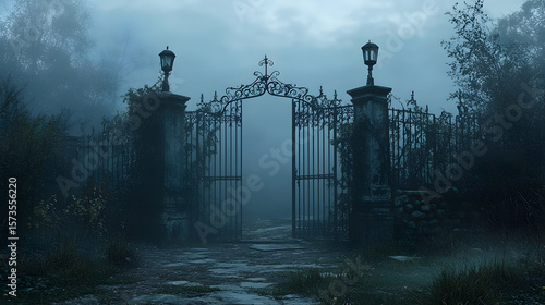 old wrought iron graveyard gate standing open at dusk