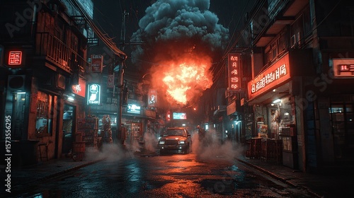 Nighttime Asian city street, fire explosion, vehicle driving