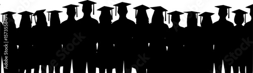 Silhouettes of students with graduate caps in a row isolated on white panoramic background. Class of 2025 2026 graduation ceremony at university web banner.