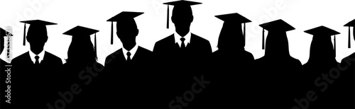 Silhouettes of students with graduate caps in a row isolated on white panoramic background. Class of 2025 2026 graduation ceremony at university web banner.