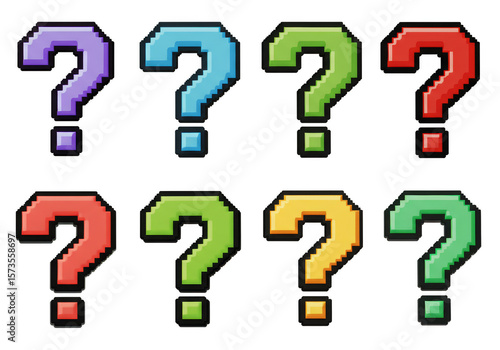 Illustration of Pixelated Question Mark Symbols in Purple, Red, and Green