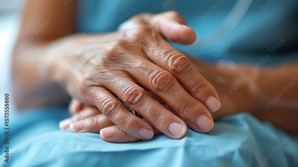 Fototapeta premium Elderly hands clasped, patient in a hospital bed with an IV line visible