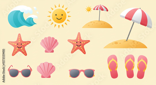 Summer beach vacation vector illustration with sun wave starfish and beach umbrella design element on transparent background