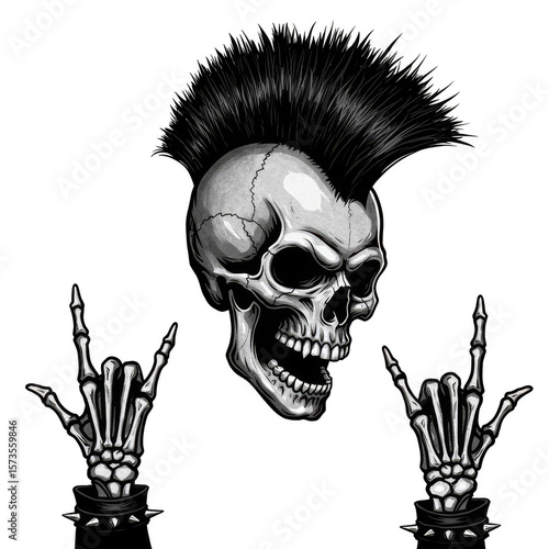 Illustration of Punk Skull with Mohawk Skeleton Hand Rock Sign Gesture