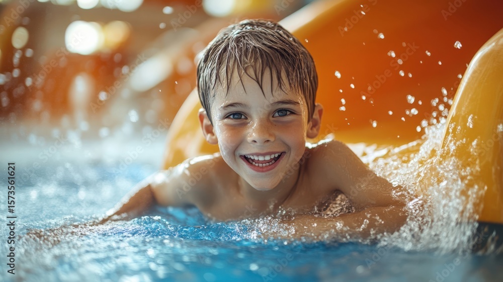Young boy or kid has fun splashing into pool after going down water slide during summer Young boy or kid has fun splashing into pool after going down water slide during summer