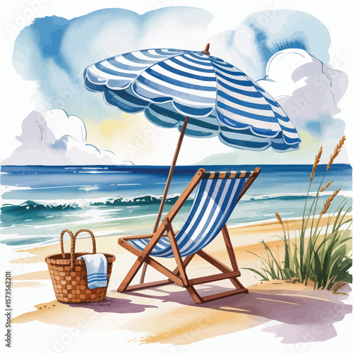 Relaxing beach scene with striped umbrella deck chair and basket