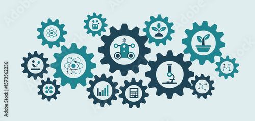 Interconnected gears symbolize scientific research development and technological innovation