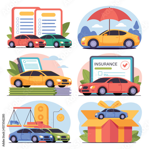Collection of flat design illustrations representing car insurance concepts and services