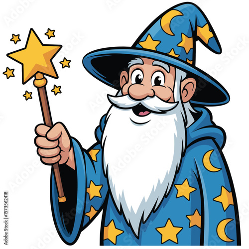 Friendly cartoon wizard with a long white beard and a star wand