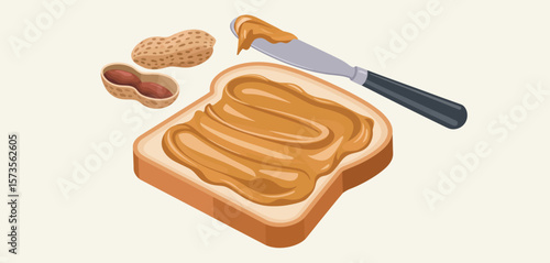 Slice of bread with creamy peanut butter and peanuts with a knife