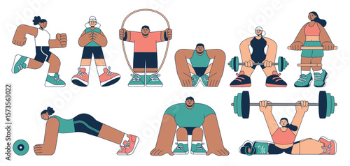 Diverse group of people exercising with weights and jump rope