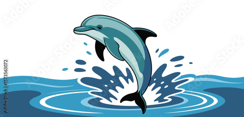 Playful cartoon dolphin leaping from blue ocean waves with splashes