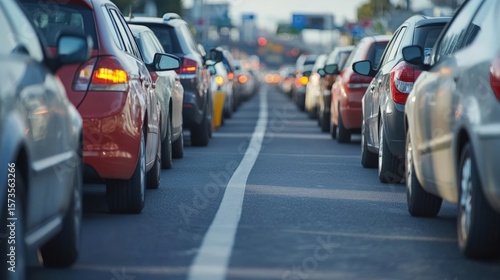 Wallpaper Mural Back tail view of many cars stuck in row at highway road traffic jam warm hot sunny day at southern Europe. Automobile accident vehicle rush hour collapse. Transportation vacation seasonal stuck Torontodigital.ca