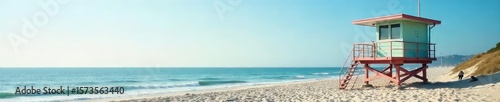 Serene Coastal Lookout Tall Lifeguard Tower on Sandy Beach Overlooking Calm Ocean, Perfect for Summer Vacation and Safety Themes