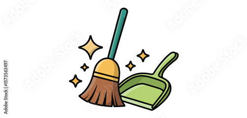 Cartoon broom and dustpan with sparkling stars indicating cleanliness and tidiness