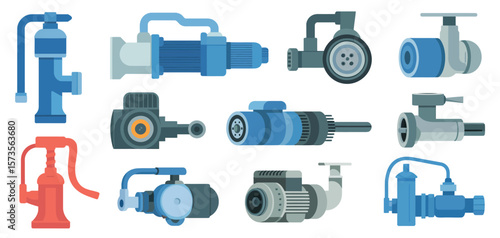 Collection of various industrial and domestic water pumps and valves