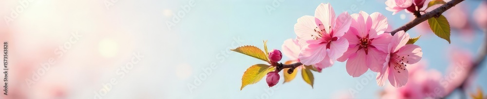 Fototapeta premium Peach Blossom Branch in Full Spring Bloom, Delicate Pink Petals Against Soft Blue Sky, Symbol of New Beginnings, Warm Weather Arrival, Spring Background Image