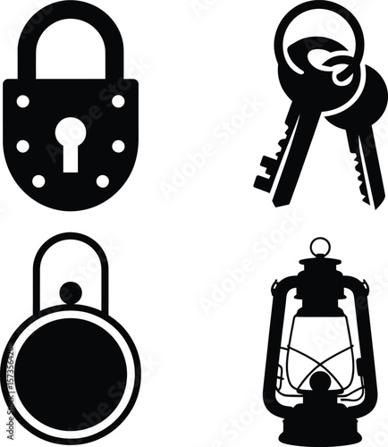 Collection of vintage style icons featuring locks keys lantern and circular lock