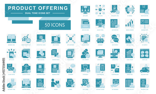Product offering dual tone icons set. contain affiliate, ai model, notification, benchmark test, checkout, chatbot, email and more. Vector for modern concept, UI, UX, web and app development.