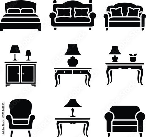 Collection of black silhouette icons representing various furniture pieces and home decor items