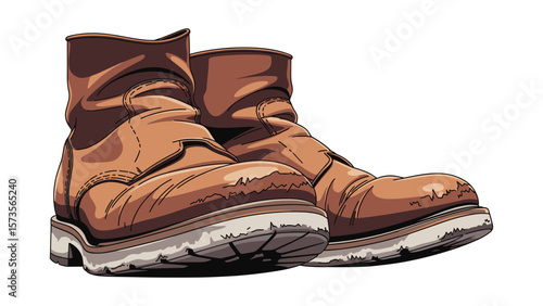 Cartoon Illustration of Worn Leather Work Boots for Outdoor Adventure Concepts and Design