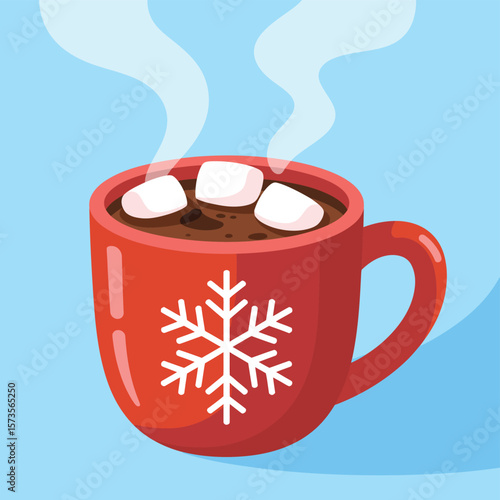 Cozy red mug with snowflake and marshmallows filled with hot chocolate
