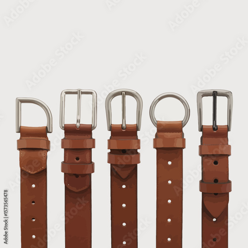 Collection of five brown leather belts with different silver buckles arranged in a row