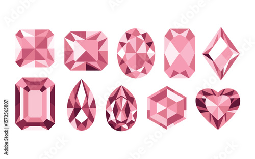 Collection of ten different pink gemstone cuts on a white background