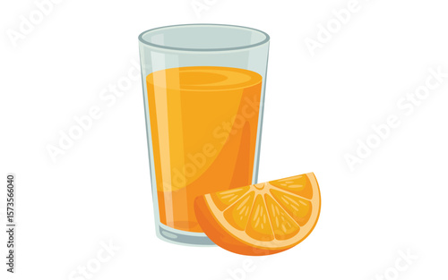 Refreshing glass of orange juice with a slice of orange on a white background