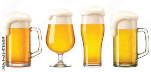 Four different glasses filled with frothy golden beer on a white background