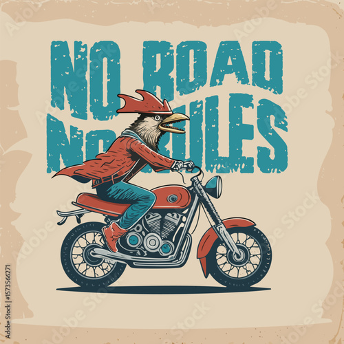 Retro-style illustration of a cool anthropomorphic rooster riding a vintage motorcycle, wearing a black leather jacket, red gloves and boots, with bold grunge text