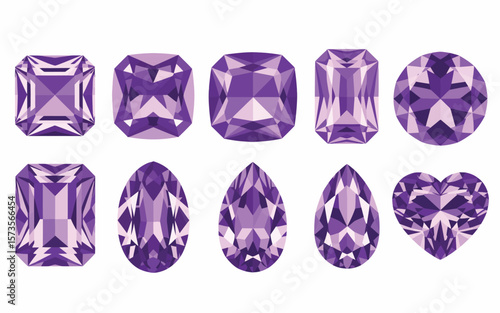 Collection of ten different purple gemstone cuts on a white background