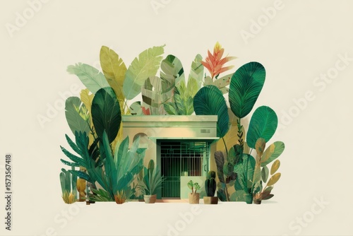 A charming green tiny house nestled in a lush garden surrounded by various plants and flowers. The flat vector art style adds a whimsical touch to this serene natural setting.