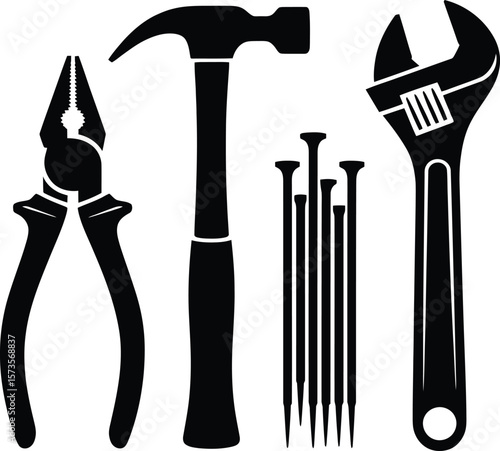 Collection of black silhouettes of common hand tools and fasteners on a white background