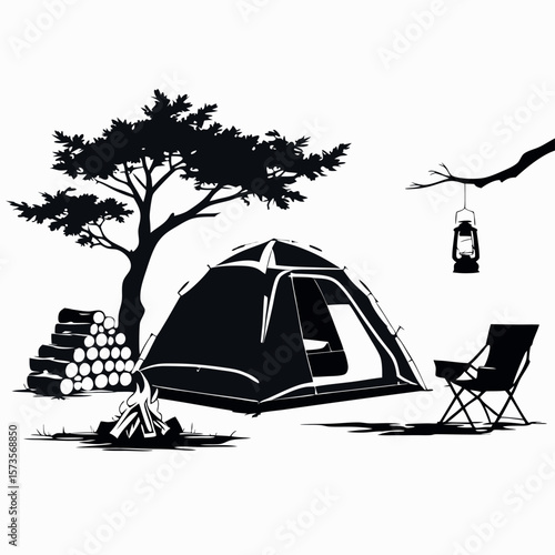 Camping Tent and Campfire Scene with Trees Chair Lantern and Wood Logs in Nature